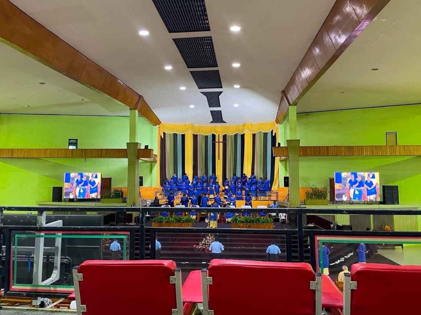 Wide view of Mount Zion Cathedral sanctuary with choir on stage